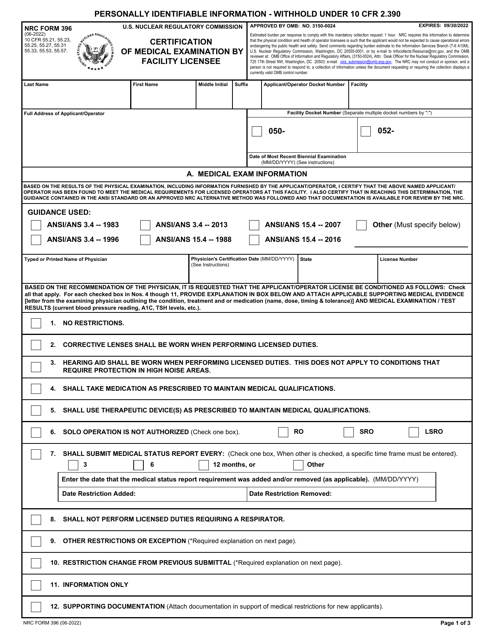 NRC Form 396  Printable Pdf