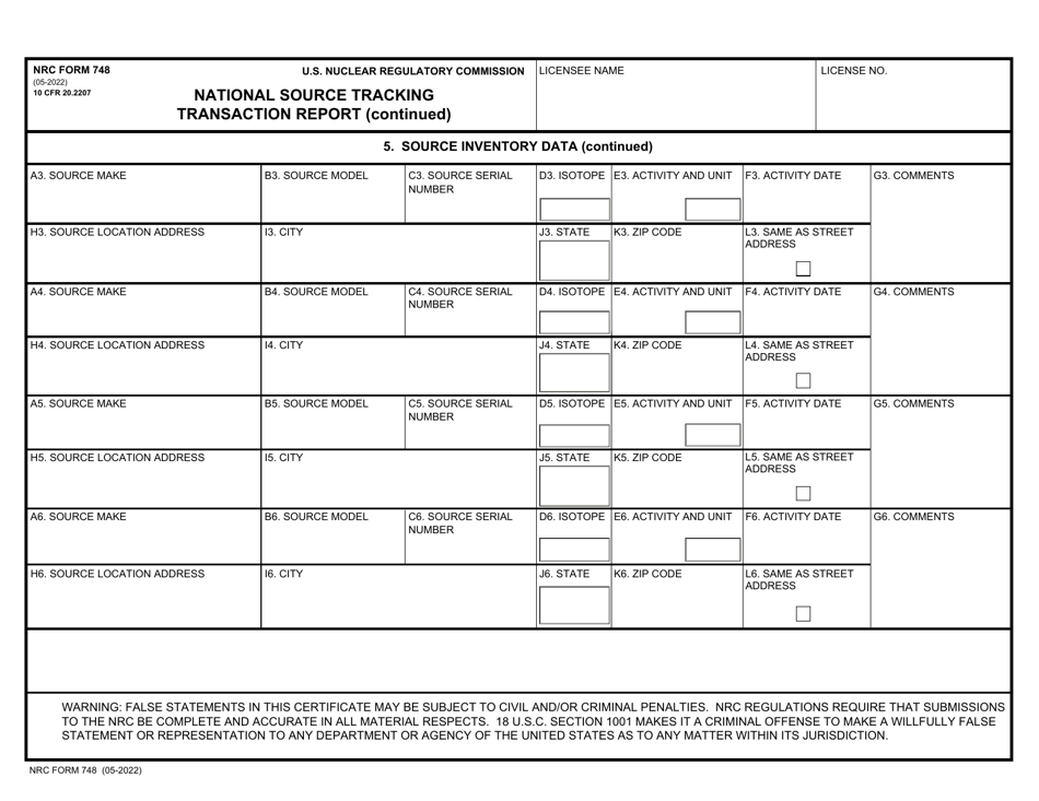 NRC Form 748 National Source Tracking Transaction Report (Long Form), Page 2