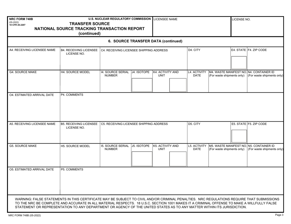 NRC Form 748B National Source Tracking Transaction Report - Transfer Source, Page 3