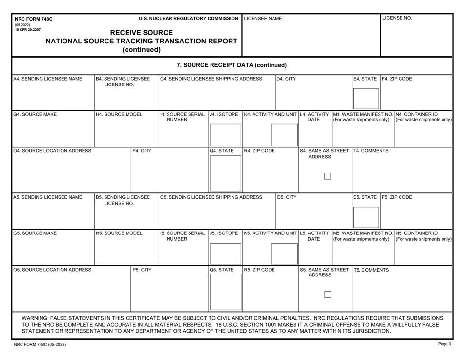 NRC Form 748C National Source Tracking Transaction Report - Receive Source, Page 3