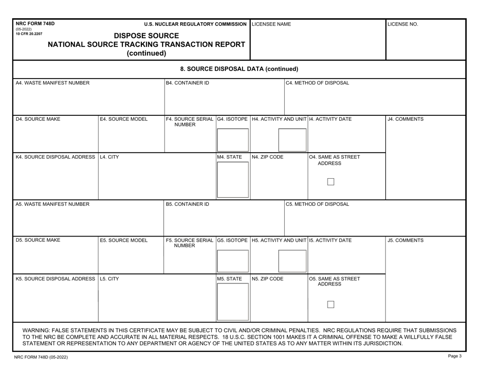 NRC Form 748D National Source Tracking Transaction Report - Dispose Source, Page 3