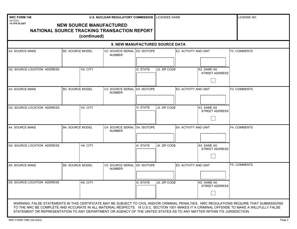 NRC Form 748E National Source Tracking Transaction Report - New Source Manufactured, Page 2