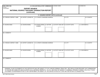 NRC Form 748G National Source Tracking Transaction Report - Export Source, Page 2