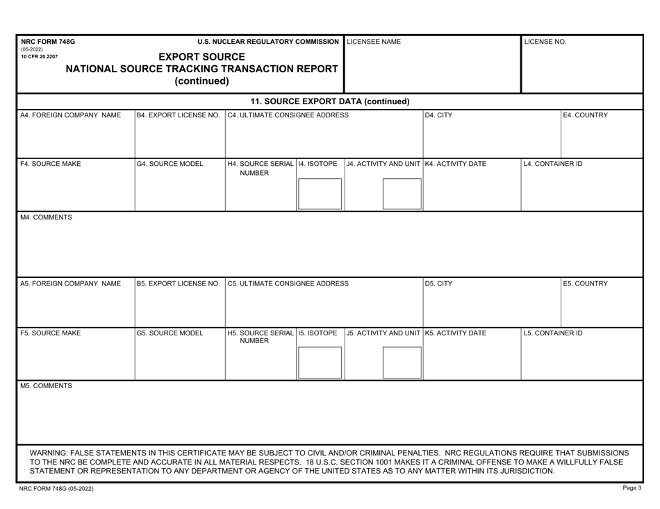 NRC Form 748G National Source Tracking Transaction Report - Export Source, Page 3
