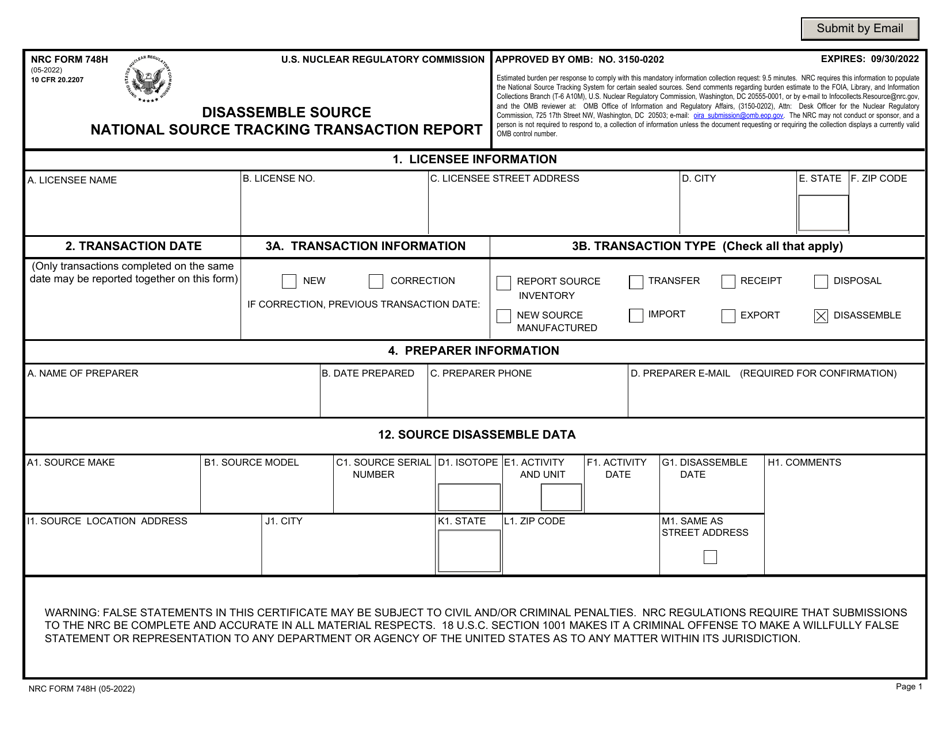 NRC Form 748H National Source Tracking Transaction Report - Disassemble Source, Page 1
