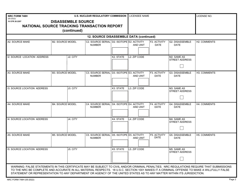 NRC Form 748H National Source Tracking Transaction Report - Disassemble Source, Page 2