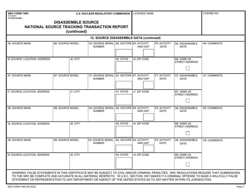 NRC Form 748H National Source Tracking Transaction Report - Disassemble Source, Page 3