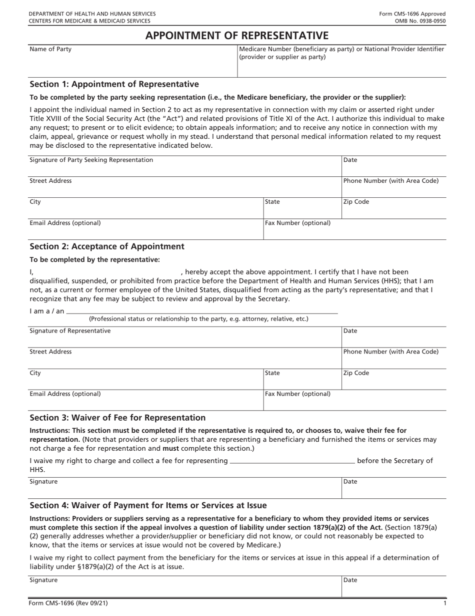 Form CMS-1696 Appointment of Representative, Page 1