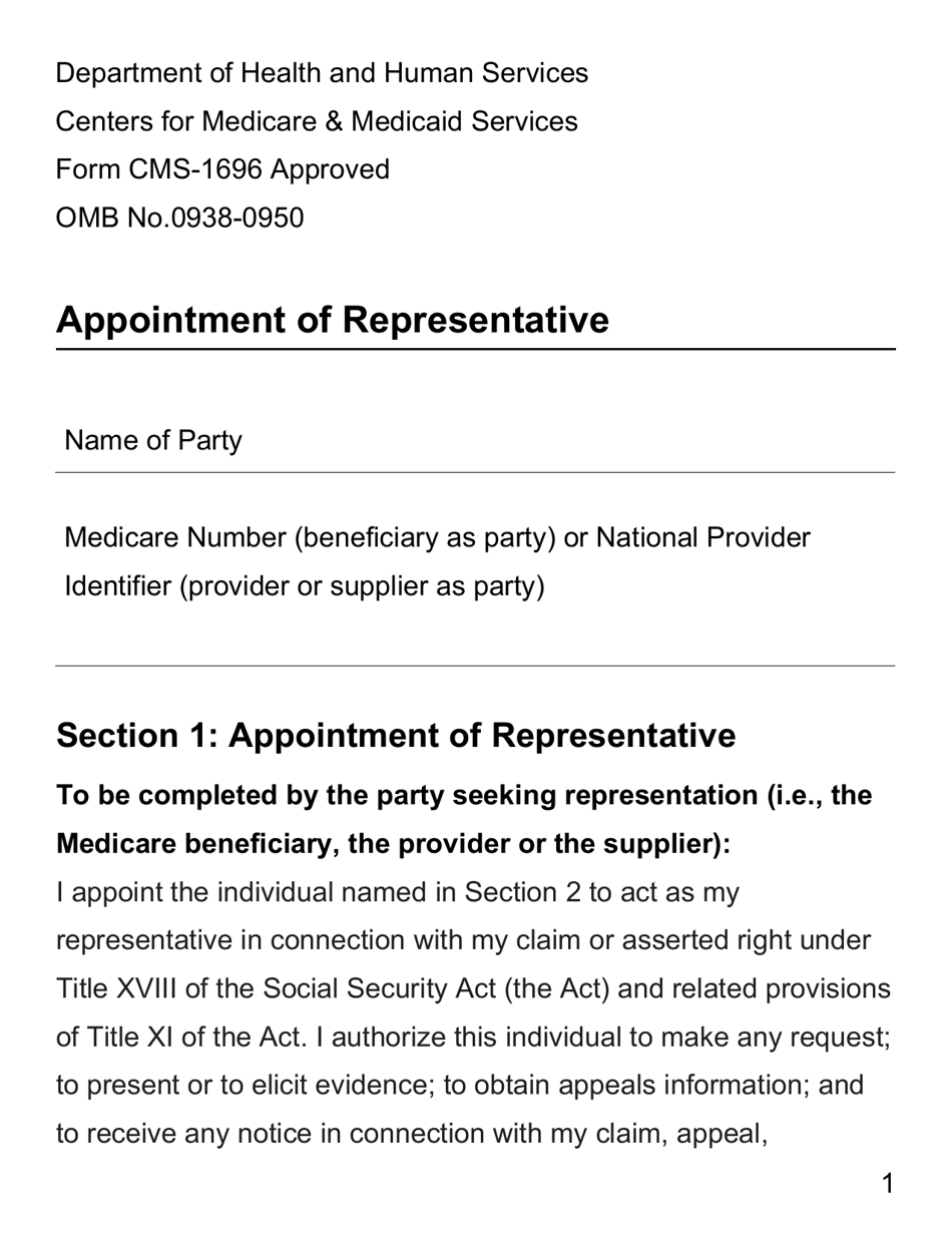 Form CMS-1696 Appointment of Representative - Large Print, Page 1