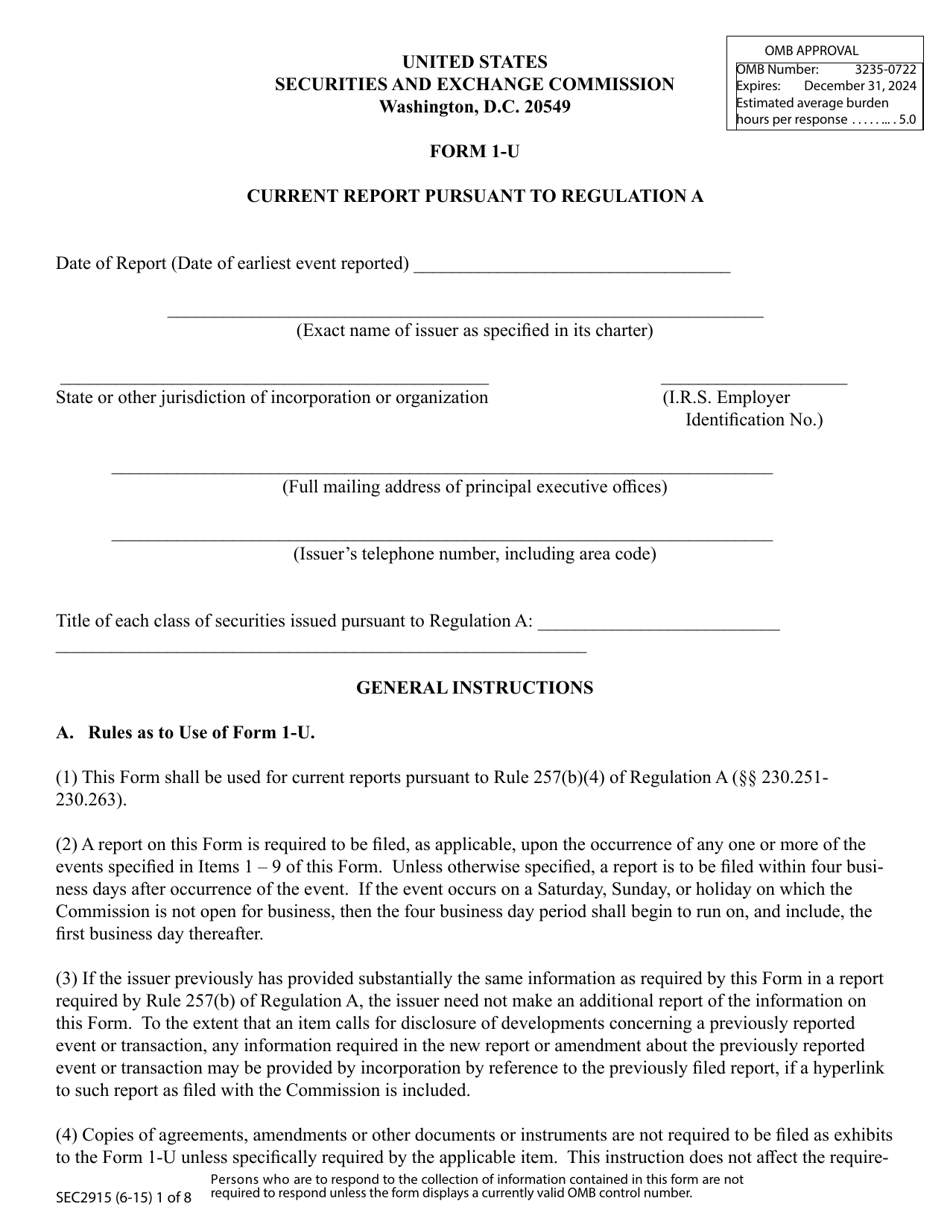 Form 1-U (SEC Form 2915) Current Report Pursuant to Regulation a, Page 1