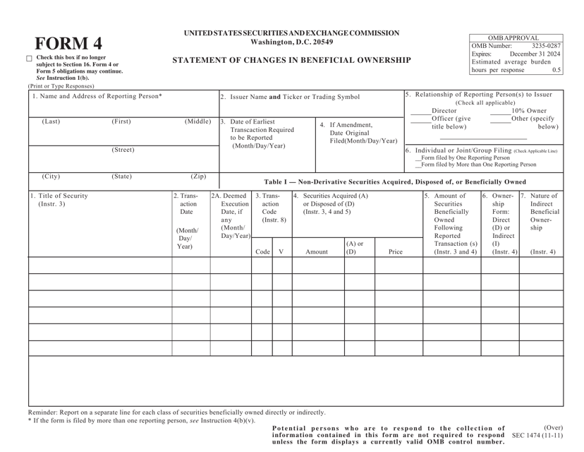 Form 4 (SEC Form 1474)  Printable Pdf