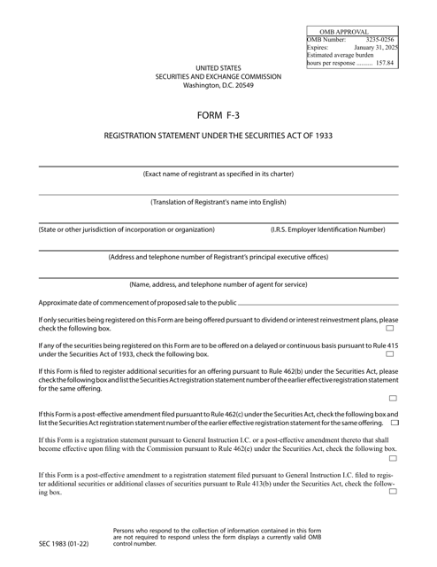 SEC Form 1983 (F-3)  Printable Pdf