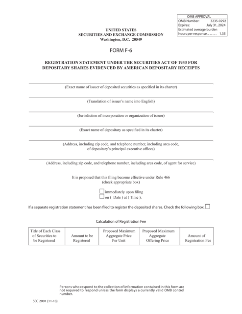 Form F-6 (SEC Form 2001)  Printable Pdf