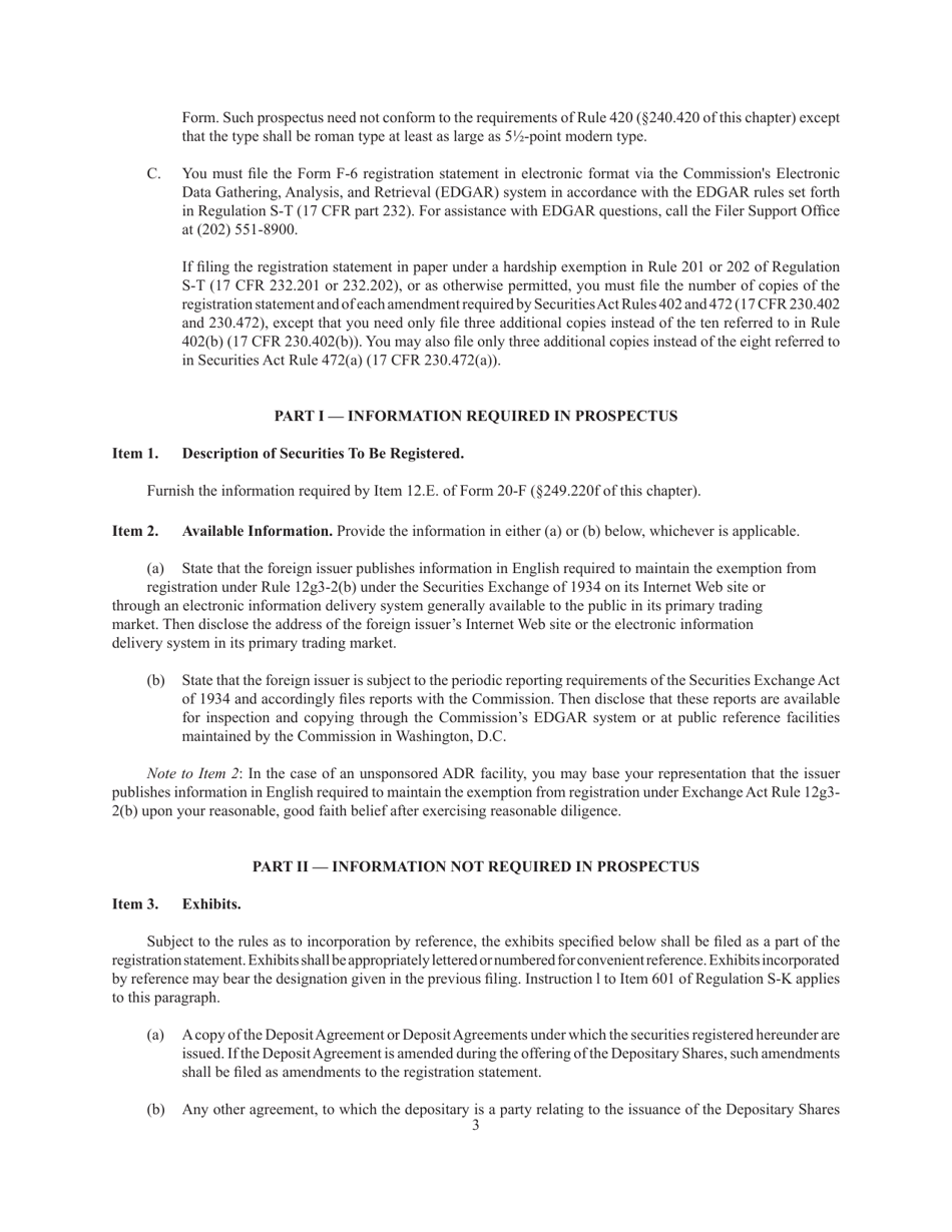 Form F-6 (SEC Form 2001) Registration Statement Under the Securities Act of 1933 for Depositary Shares Evidenced by American Depositary Receipts, Page 3
