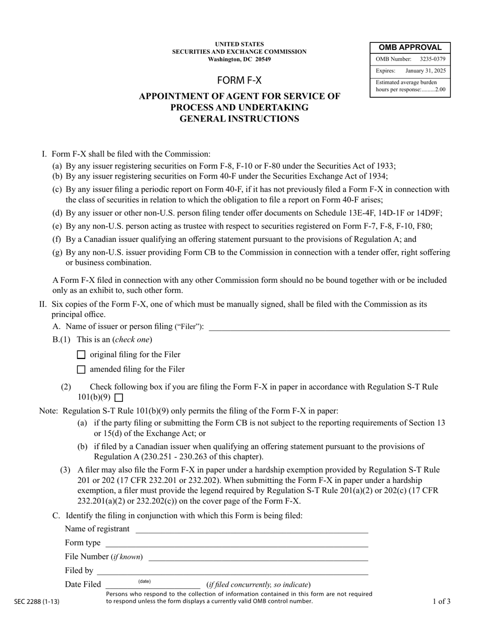 Form F-X (SEC Form 2288) Appointment of Agent for Service of Process and Undertaking, Page 1