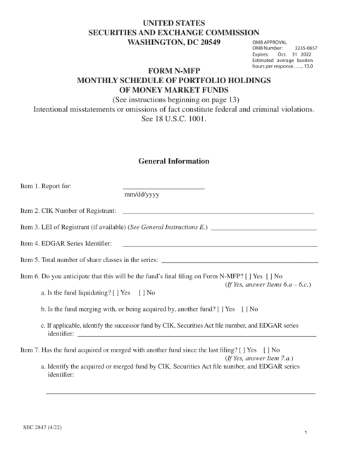 Form N-MFP (SEC Form 2847)  Printable Pdf
