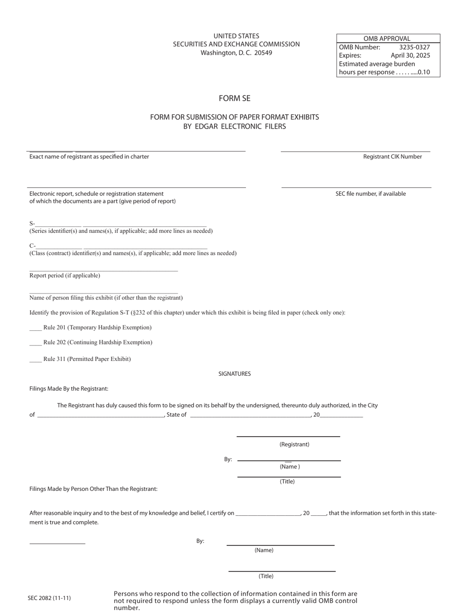 Form SE (SEC Form 2082) Submission of Paper Format Exhibits by Edgar Electronic Filers, Page 1