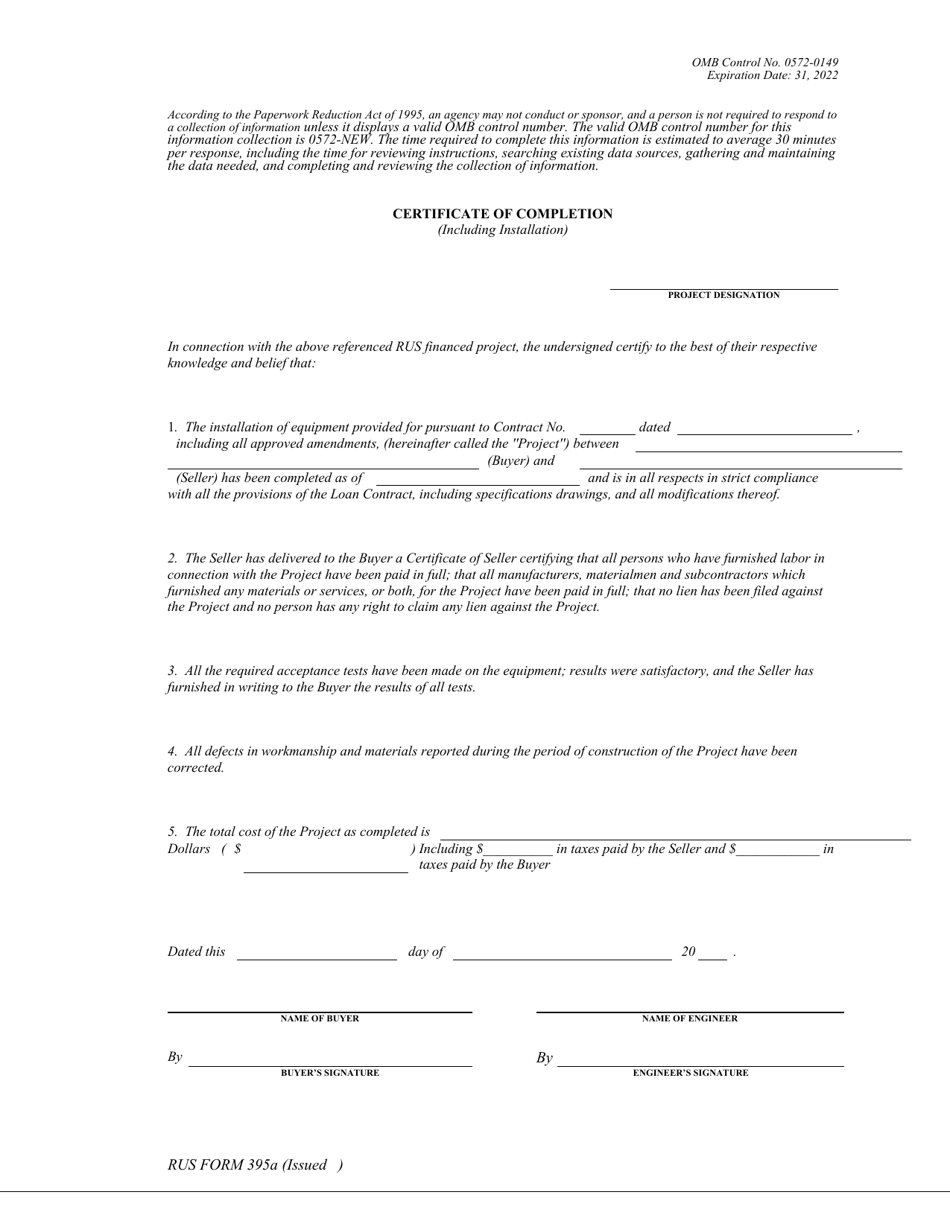 RUS Form 395A Certificate of Completion (Including Installation), Page 1