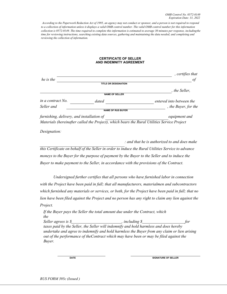 RUS Form 395C Certificate of Seller and Indemnity Agreement, Page 1