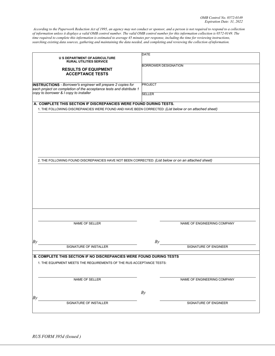 RUS Form 395D Results of Equipment Acceptance Tests, Page 1