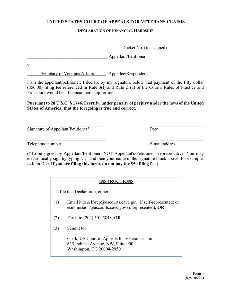 Form 4 Declaration of Financial Hardship, Page 1