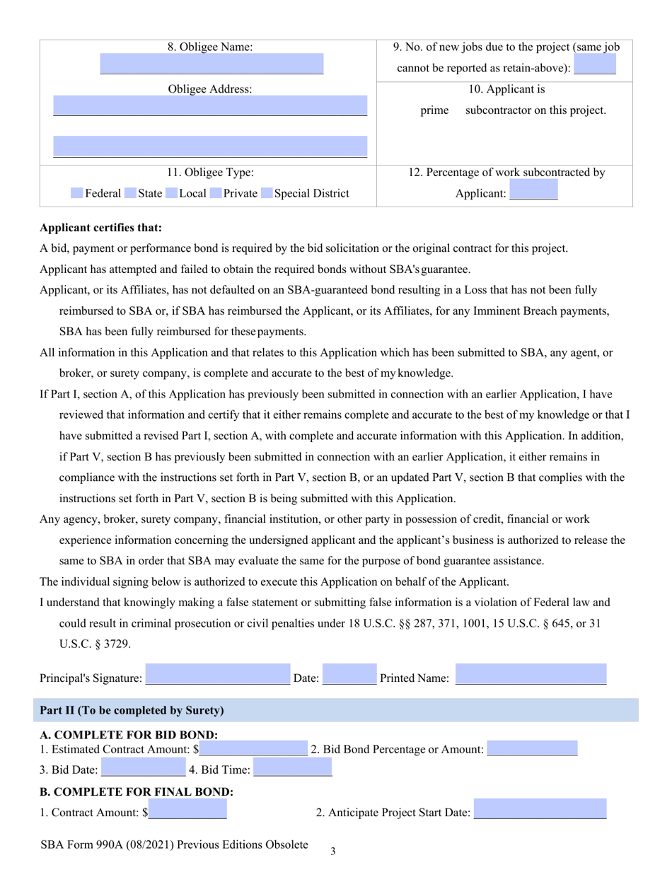 SBA Form 990A Quick Bond Guarantee Application and Agreement, Page 3