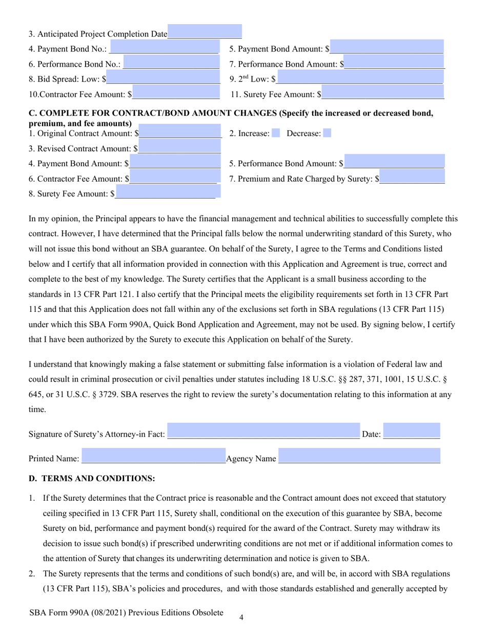SBA Form 990A Quick Bond Guarantee Application and Agreement, Page 4