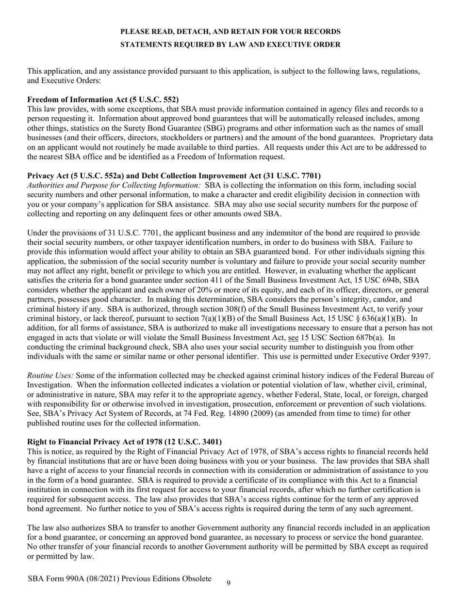 SBA Form 990A Quick Bond Guarantee Application and Agreement, Page 9