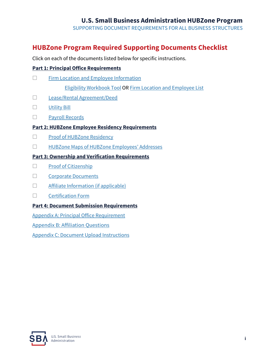 HUBZone Program Required Supporting Documents Checklist, Page 1