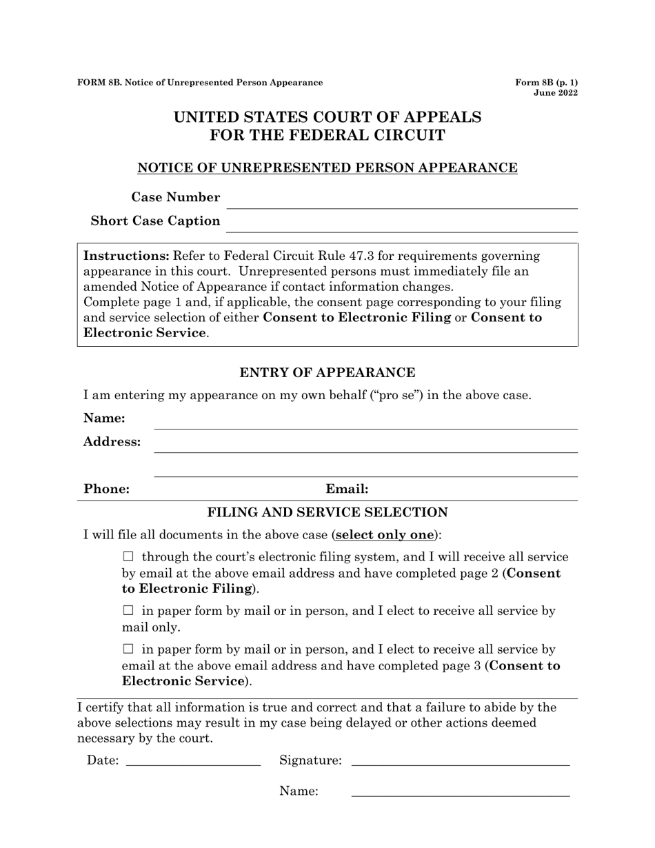 Form 8B Notice of Unrepresented Person Appearance, Page 1