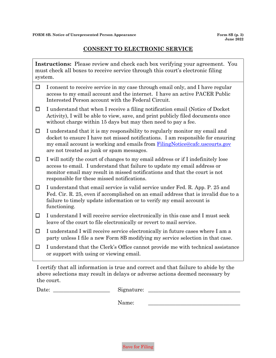 Form 8B Notice of Unrepresented Person Appearance, Page 3