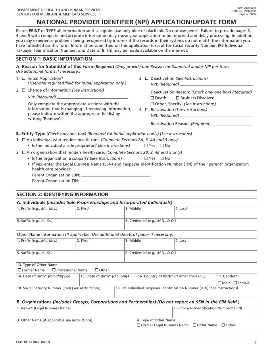 Form CMS-10114 National Provider Identifier (Npi) Application / Update Form, Page 3
