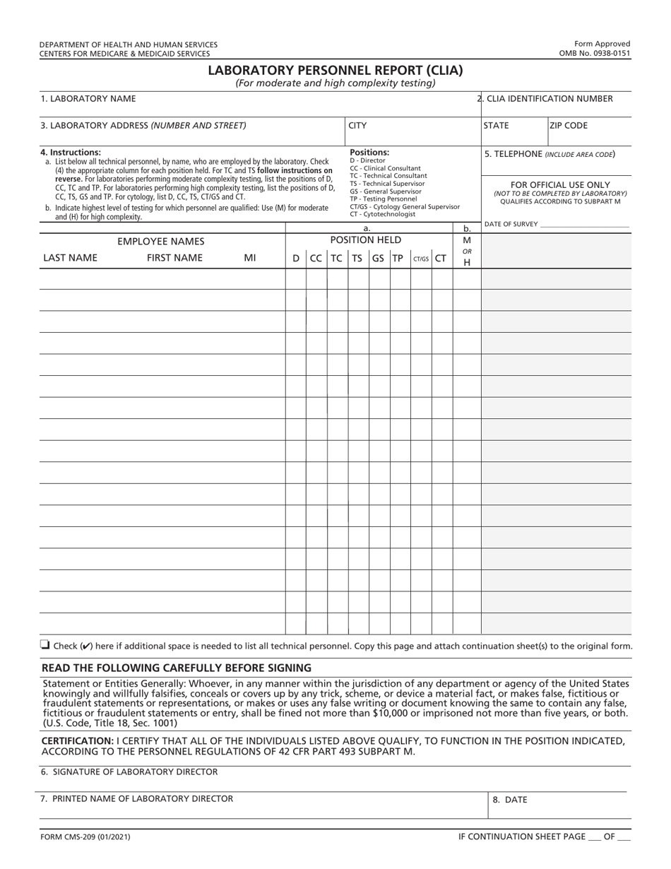 Form CMS-209 Laboratory Personnel Report (Clia), Page 1