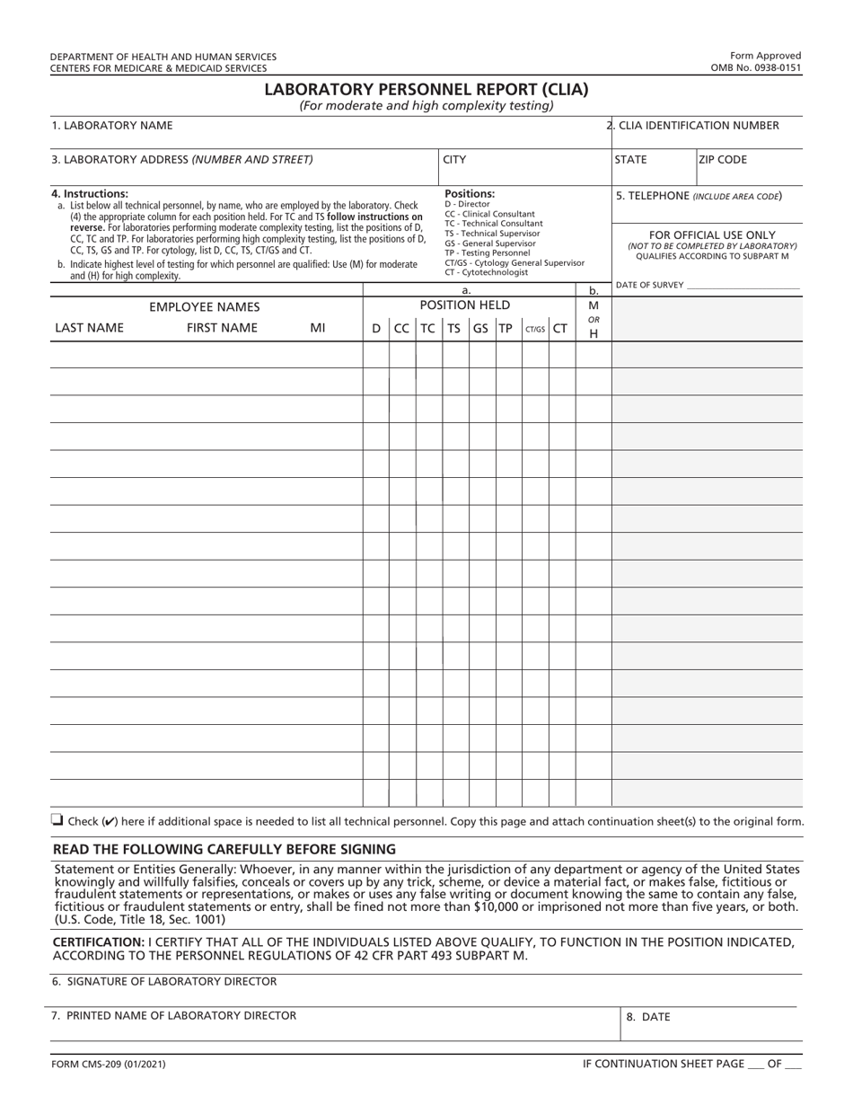 Form CMS-209 Download Fillable PDF or Fill Online Laboratory Personnel Report (Clia) 1992 — 2024 | Templateroller