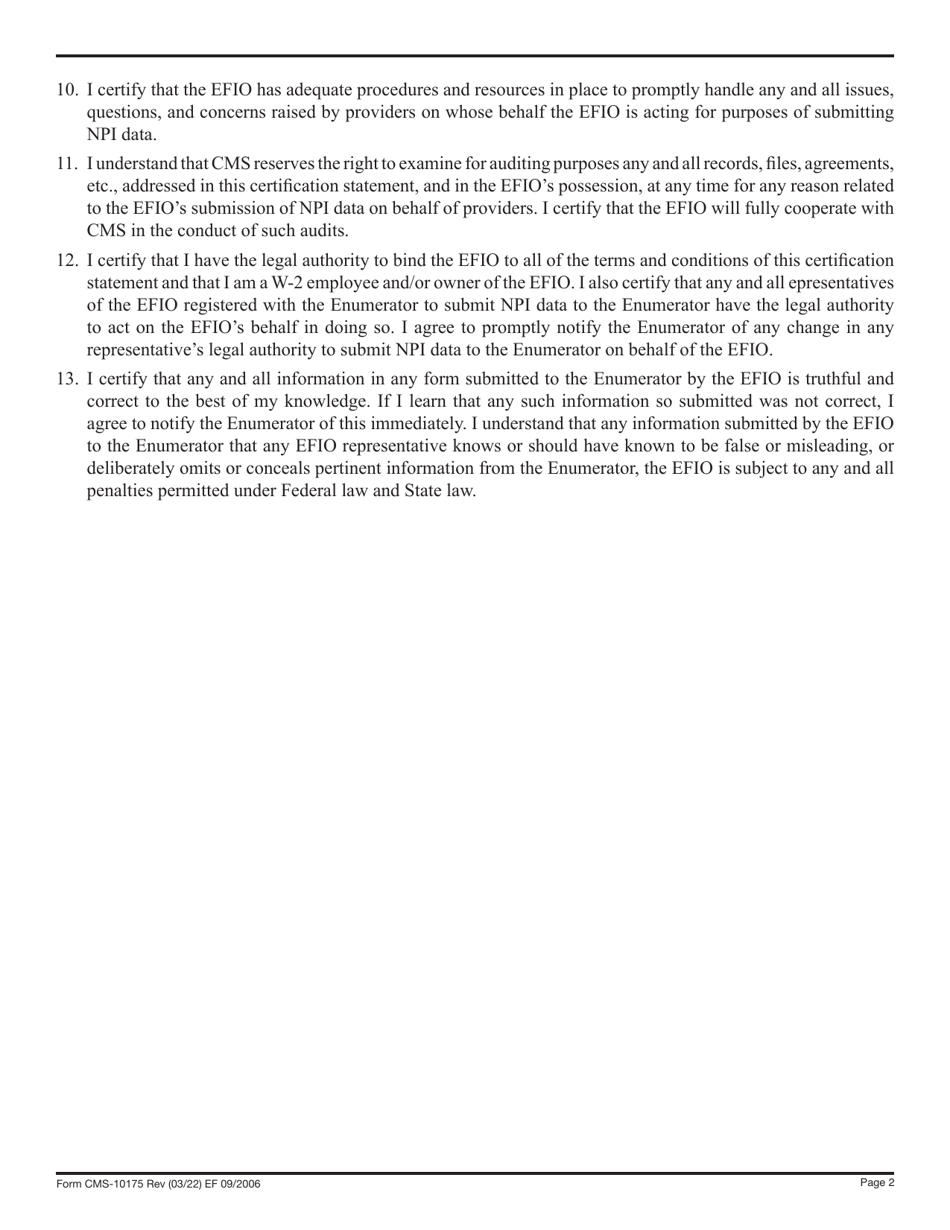 Form CMS-10175 Electronic File Interchange Organization (Efio) Certification Statement, Page 2