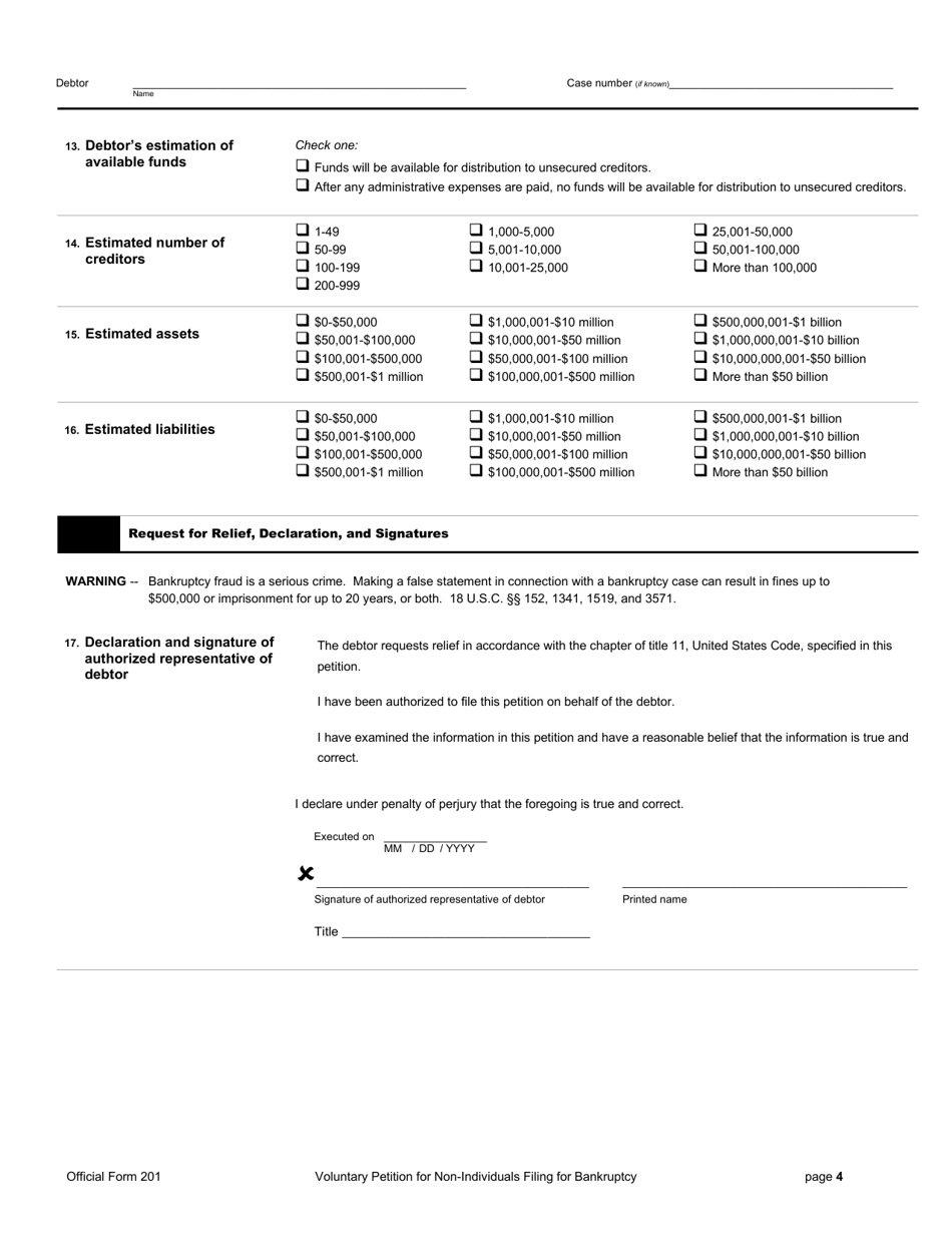 Official Form 201 Voluntary Petition for Non-individuals Filing for Bankruptcy, Page 4
