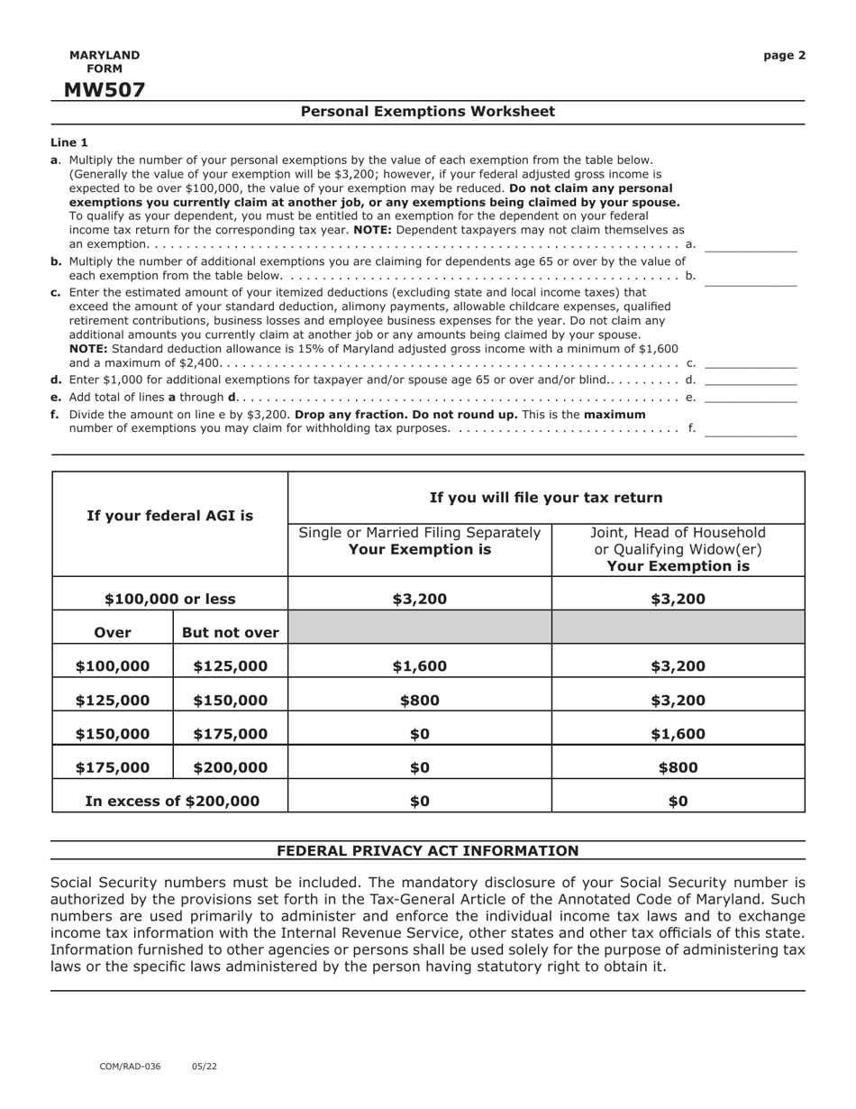 Maryland Form MW507 (COM/RAD-036) Download Fillable PDF or Fill Online ...