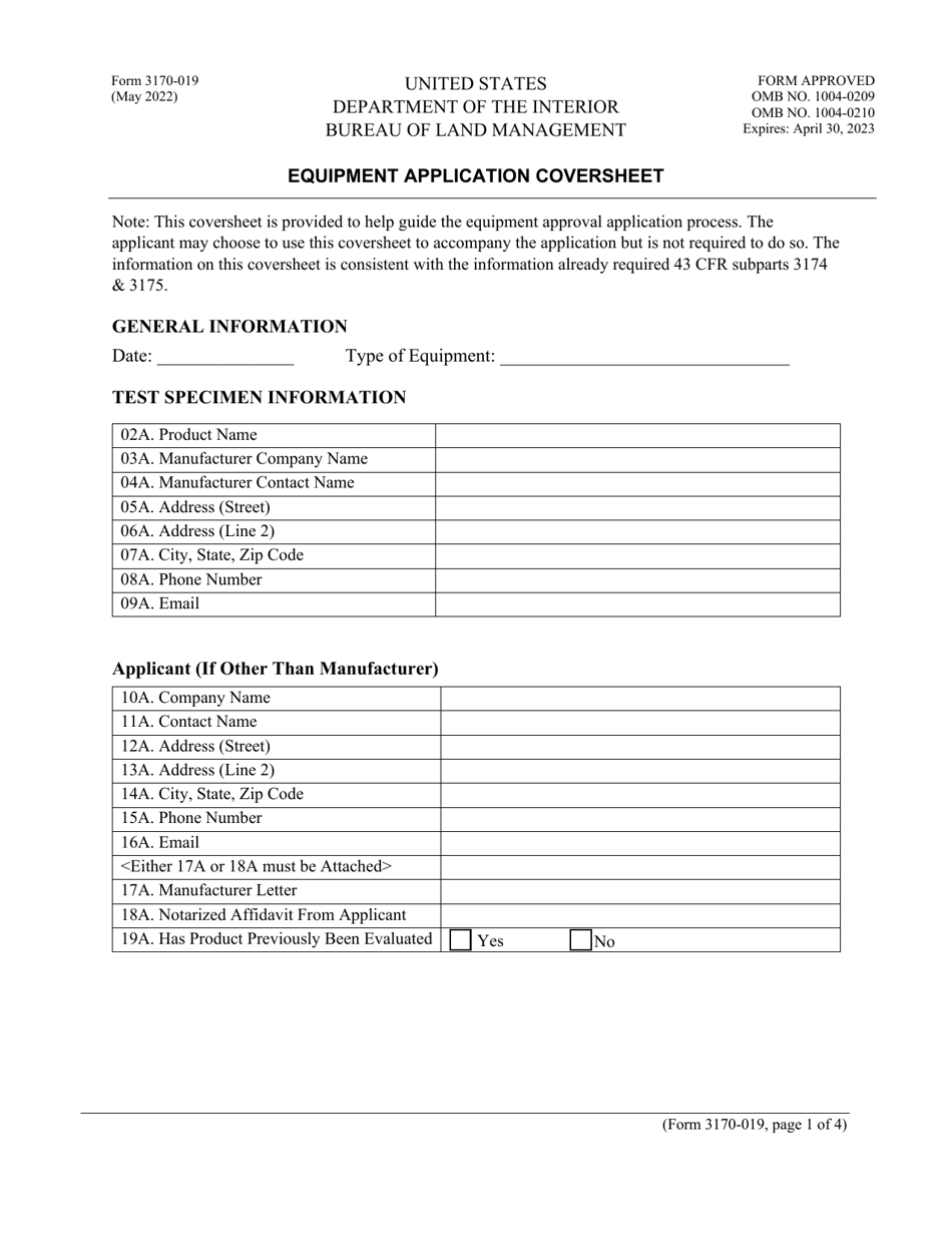 Form 3170-019 Equipment Application Coversheet, Page 1