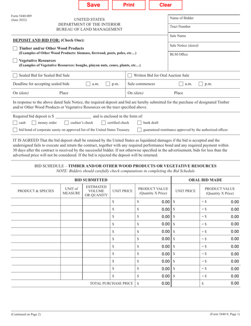 Form 5440-009 Deposit and Bid for Timber and/or Other Wood Products/Vegetative Resources