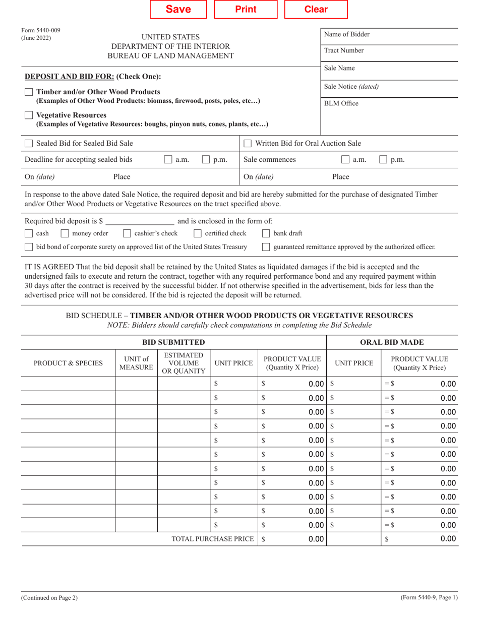 Form 5440-009 Deposit and Bid for Timber and / or Other Wood Products / Vegetative Resources, Page 1