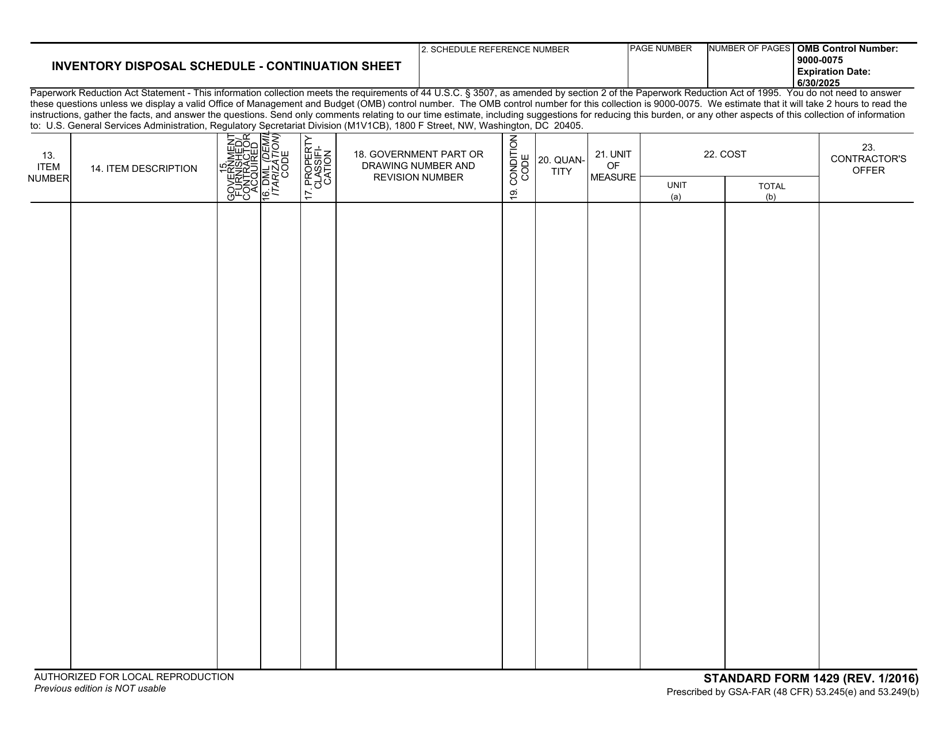 Form SF-1429 Inventory Disposal Schedule - Continuation Sheet, Page 1