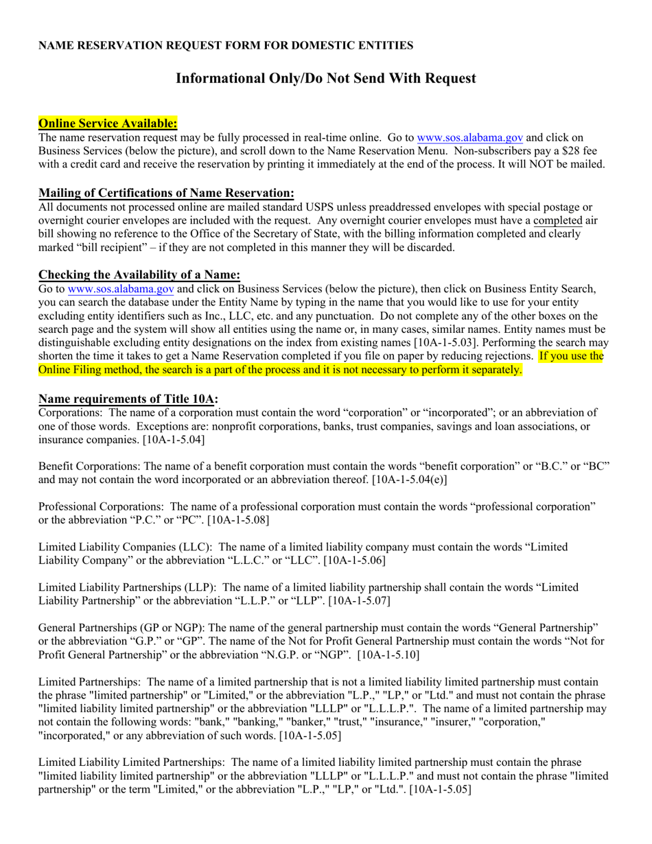Name Reservation Request Form for Domestic Entities - Alabama, Page 3