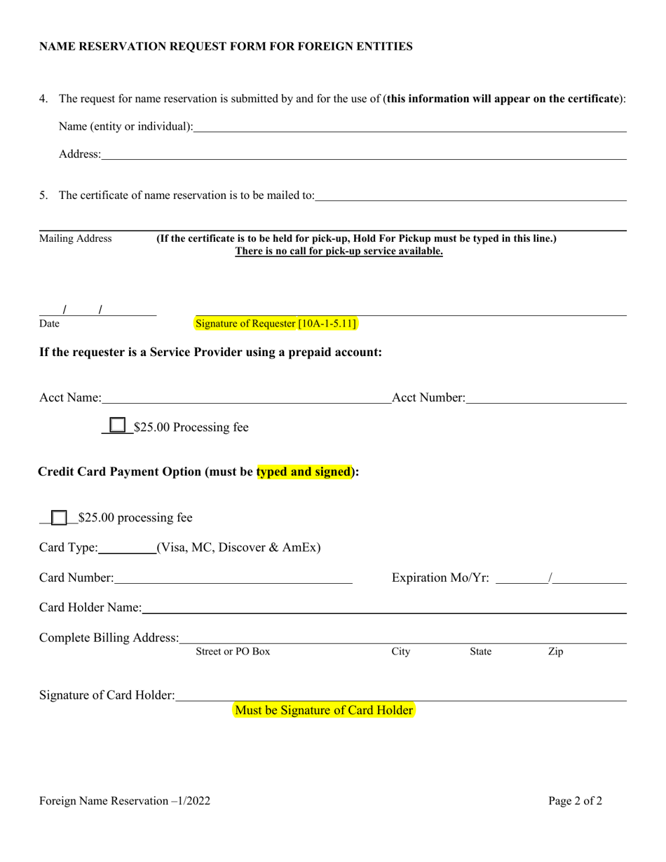 Name Reservation Request Form for Foreign Entities - Alabama, Page 2