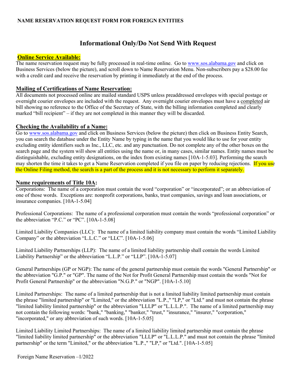 Name Reservation Request Form for Foreign Entities - Alabama, Page 3