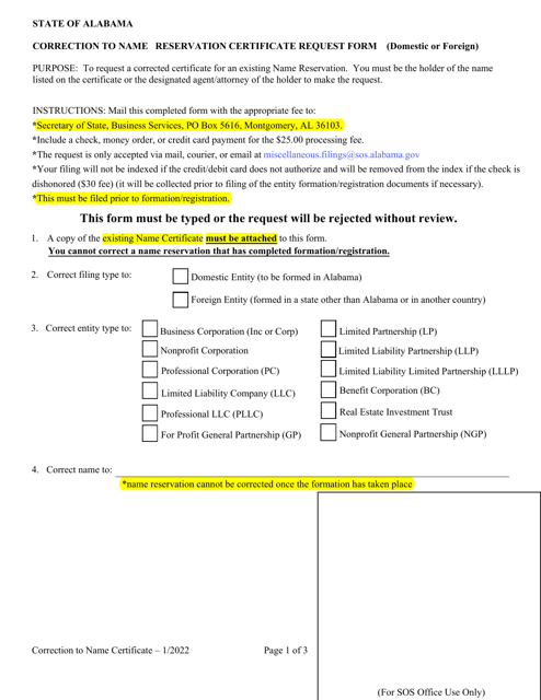 Correction to Name Reservation Certificate Request Form (Domestic or Foreign) - Alabama Download Pdf