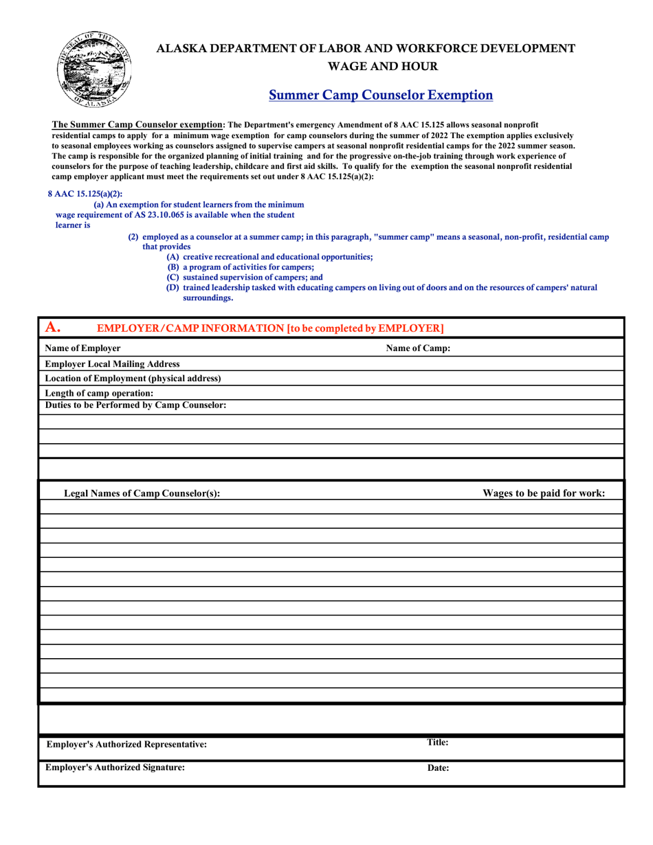 Alaska Summer Camp Counselor Exemption Fill Out, Sign Online and