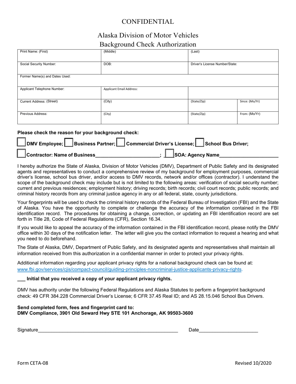 Form CETA-08 Background Check Authorization - Alaska, Page 1