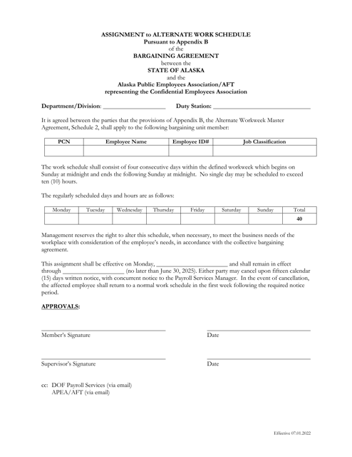 Assignment to Alternate Work Schedule Pursuant to Appendix B of the Bargaining Agreement Between the State of Alaska and the Alaska Public Employees Association / Aft Representing the Confidential Employees Association - Alaska Download Pdf