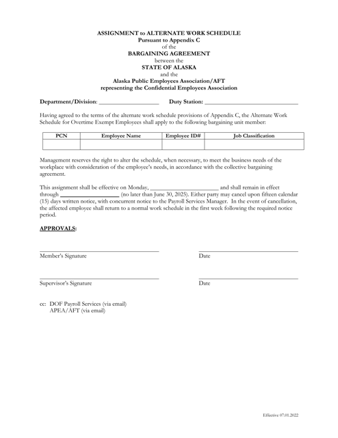 Assignment to Alternate Work Schedule Pursuant to Appendix C of the Bargaining Agreement Between the State of Alaska and the Alaska Public Employees Association / Aft Representing the Confidential Employees Association - Alaska Download Pdf