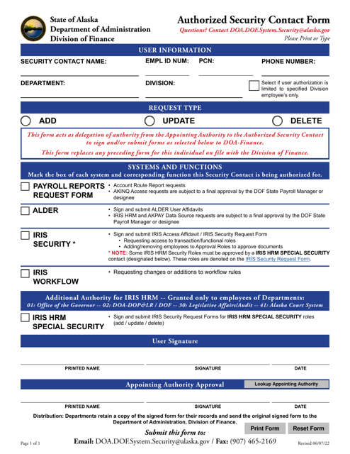Authorized Security Contact Form - Alaska Download Pdf